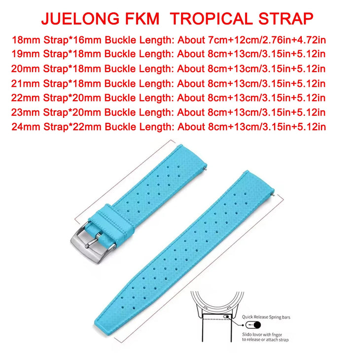 JUELONG PFAS-Approved Quick Release Tropical FKM Rubber Watch Strap 18-19-20-21-22-23-24mm Perfect Fit Flat End Universal Bands