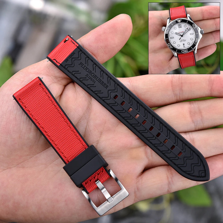 JUELONG New Design FKM Watch Strap 20mm 22mm Quick Release Hybrid Fluoro Rubber Saffiano Leather Watchbands