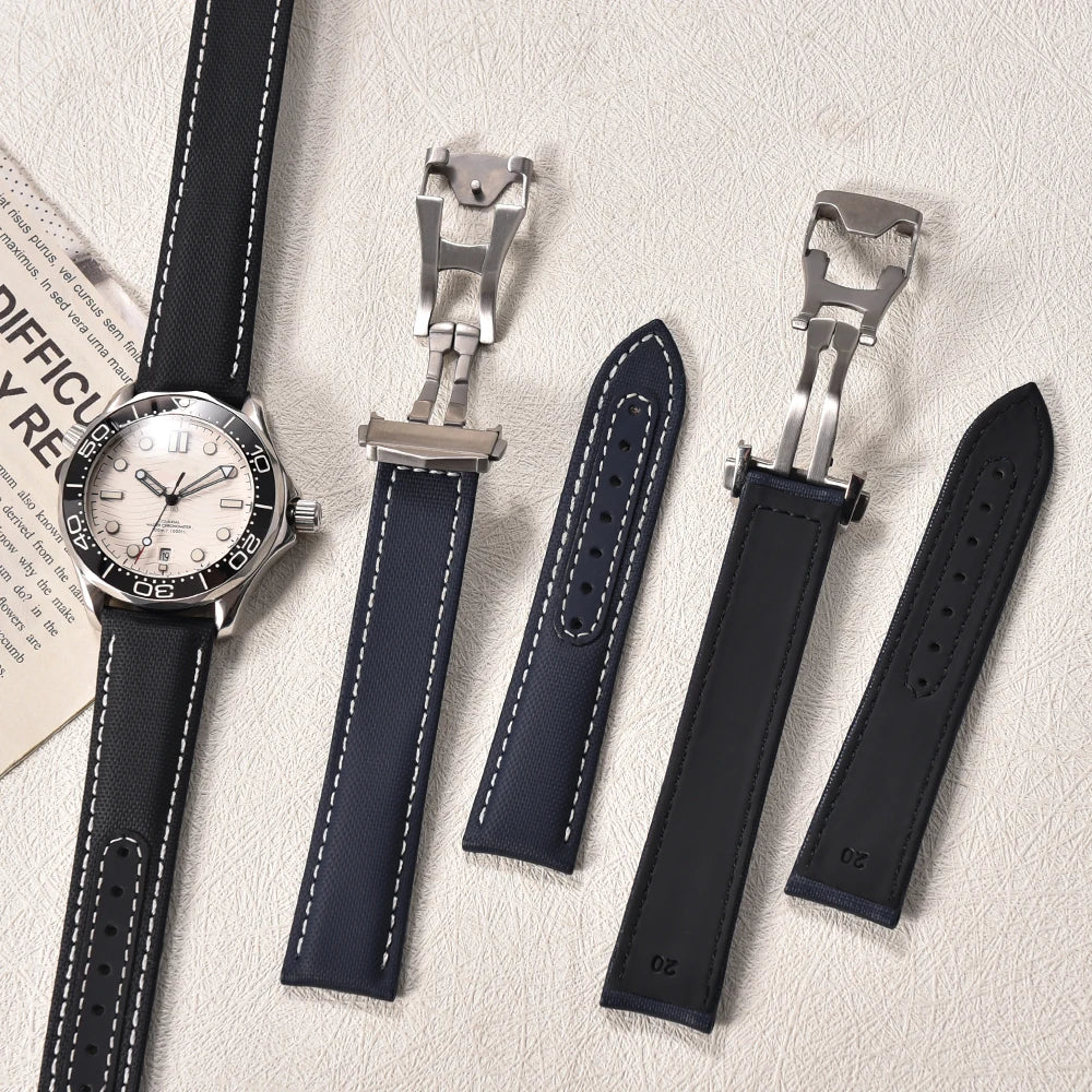 Sailcloth Nylon Watch Band 20mm 22mm Leather Sailcloth Strap For Omega Seamaster  Swatch Folding Buckle Band Universal Bracelet