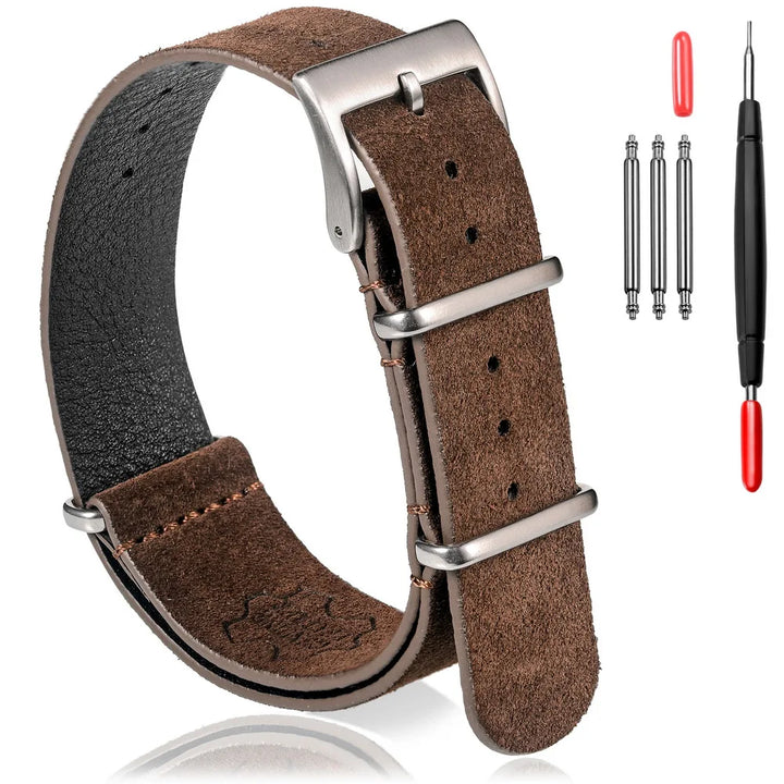 HEMSUT Genuine Suede Leather One-Piece Watch Strap 18-22mm Vintage Military Style