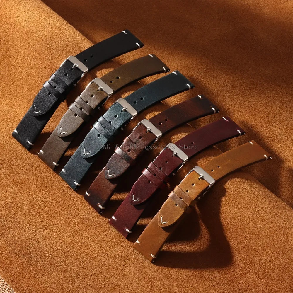 Title: Vintage Oil Wax Leather Watch Band 18–22mm (Quick Release, Unisex)