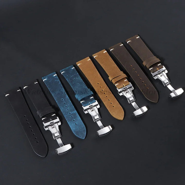 Stitching Cowhide Leather Watch Strap – 18–24mm, Vintage Brown, Butterfly Buckle