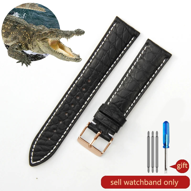 Crocodile Skin Genuine Leather Watch Band with Needle & Butterfly Buckle for
