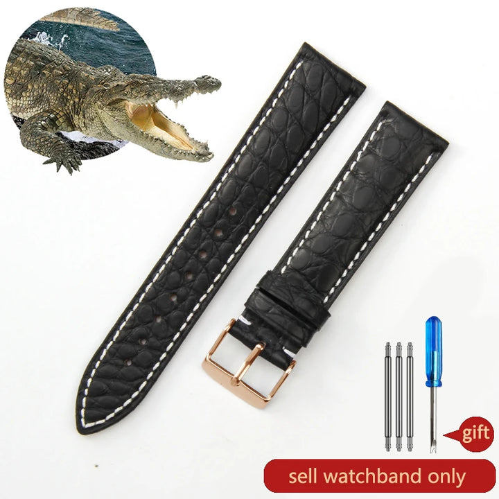 Crocodile Skin Genuine Leather Watch Band with Needle & Butterfly Buckle for