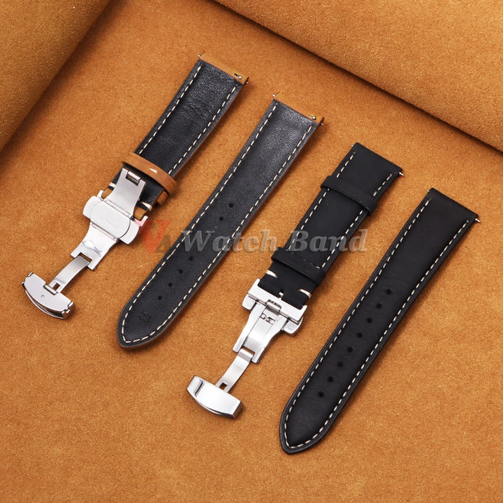 Genuine Calfskin Leather Band for Omega Business Watch Band for Seiko 14/16/18/20/22/24mm Butterfly Buckle Stitching Brown Strap