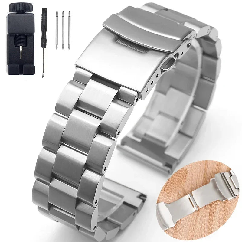 Stainless Steel Metal Watch Strap with Luxury Buckle (18–25mm)