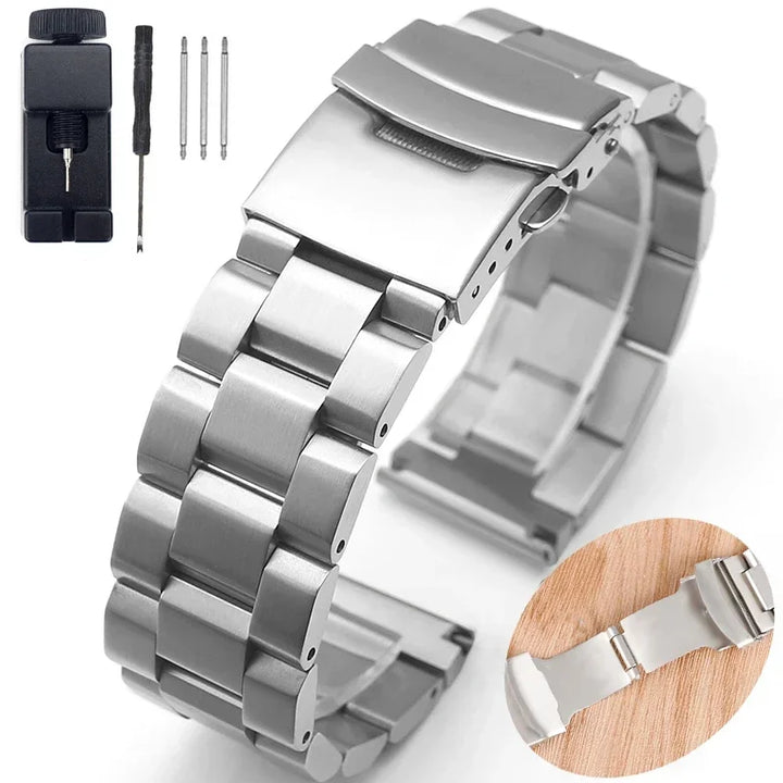 Stainless Steel Metal Watch Strap with Luxury Buckle (18–25mm)
