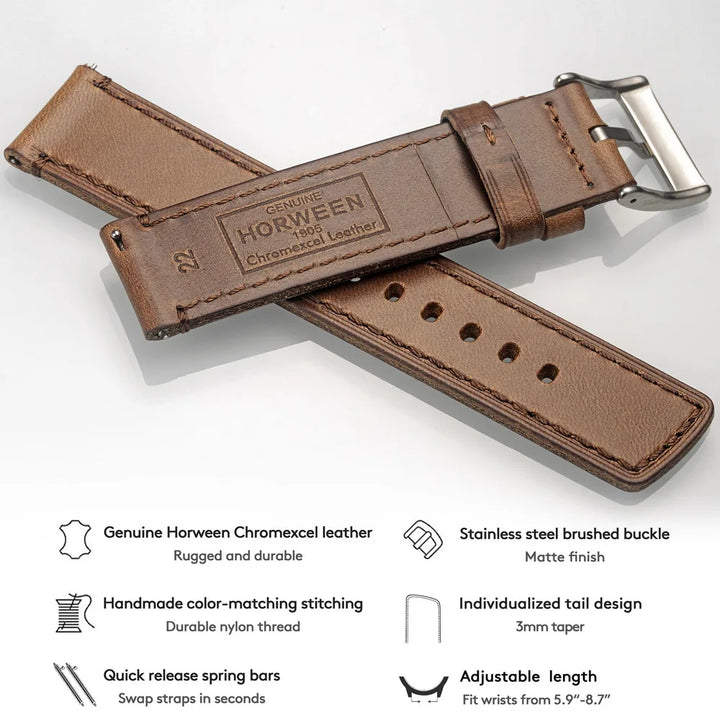 HEMSUT Genuine Horween Leather Watch Strap – Quick Release, 18–24mm Vintage Band for Men
