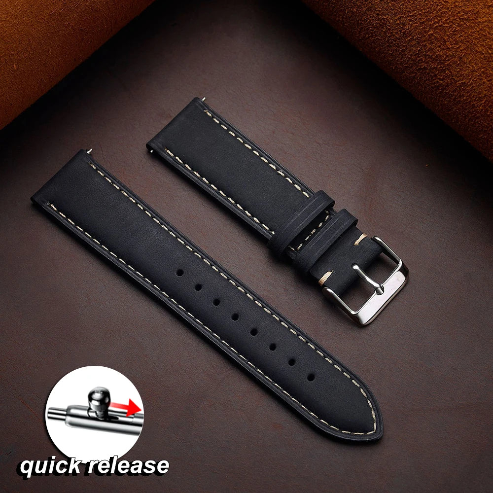 Vintage Dark Brown Cowhide Leather Watch Strap (14–24mm, Quick Release)