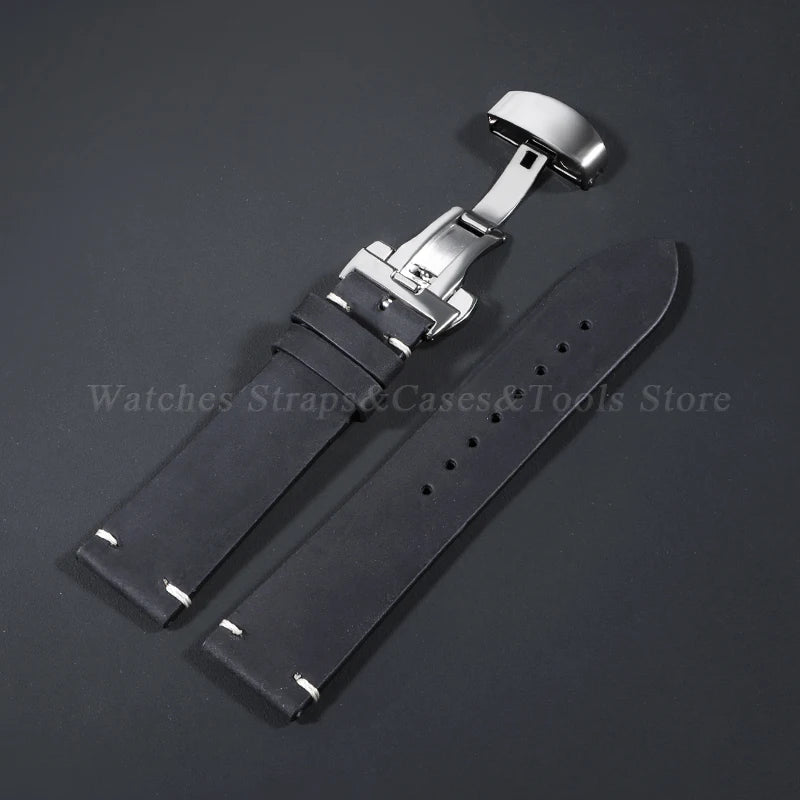 Stitching Cowhide Leather Watch Strap – 18–24mm, Vintage Brown, Butterfly Buckle