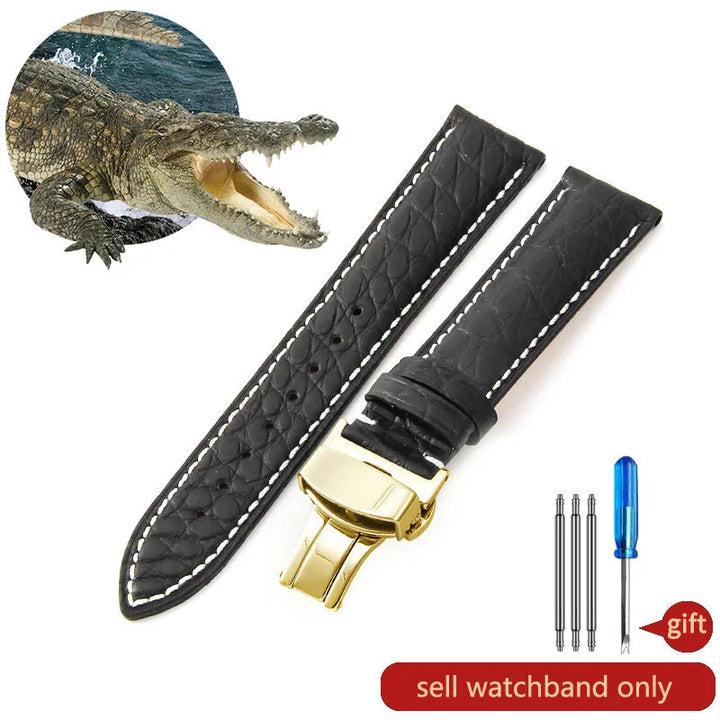 Crocodile Skin Genuine Leather Watch Band with Needle & Butterfly Buckle for