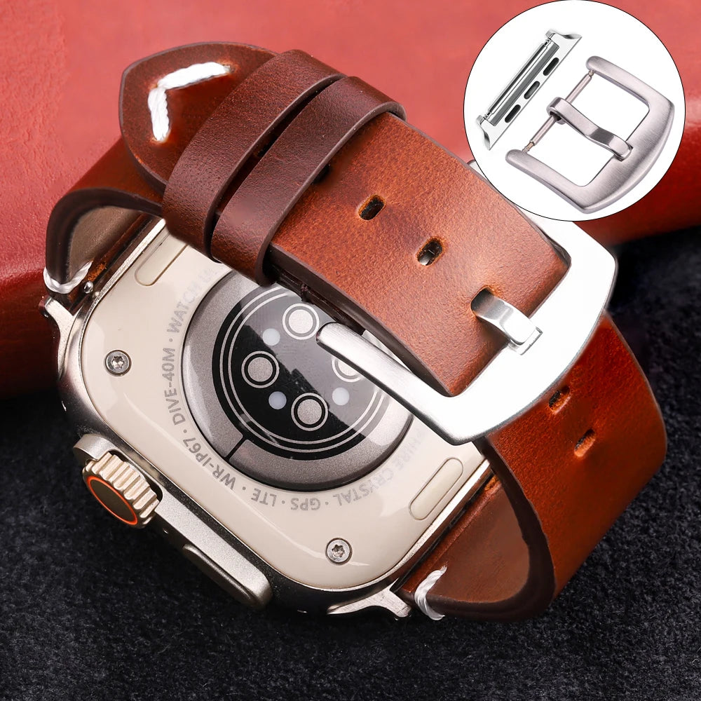 Handmade Vintage Leather Strap for Apple Watch 38-49mm Series 4-9, SE, Ultra