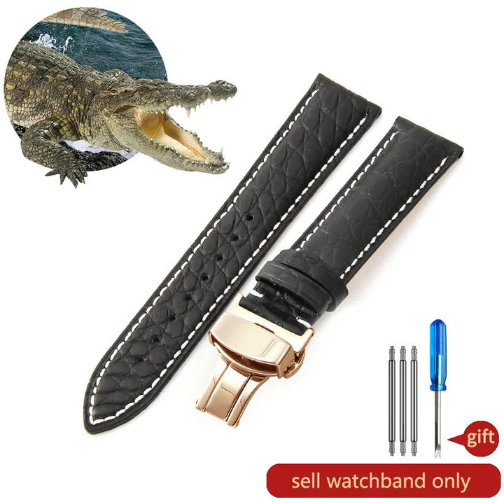 Crocodile Skin Genuine Leather Watch Band with Needle & Butterfly Buckle for