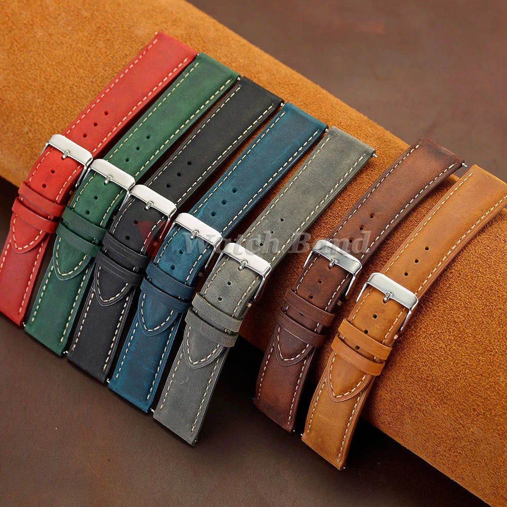 Vintage Dark Brown Cowhide Leather Watch Strap (14–24mm, Quick Release)