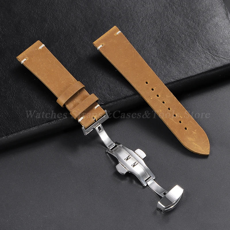 Stitching Cowhide Leather Watch Strap – 18–24mm, Vintage Brown, Butterfly Buckle