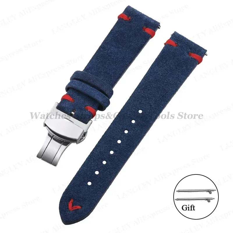 Suede Leather Watch Strap – 18/20/22mm, Universal with Butterfly Buckle