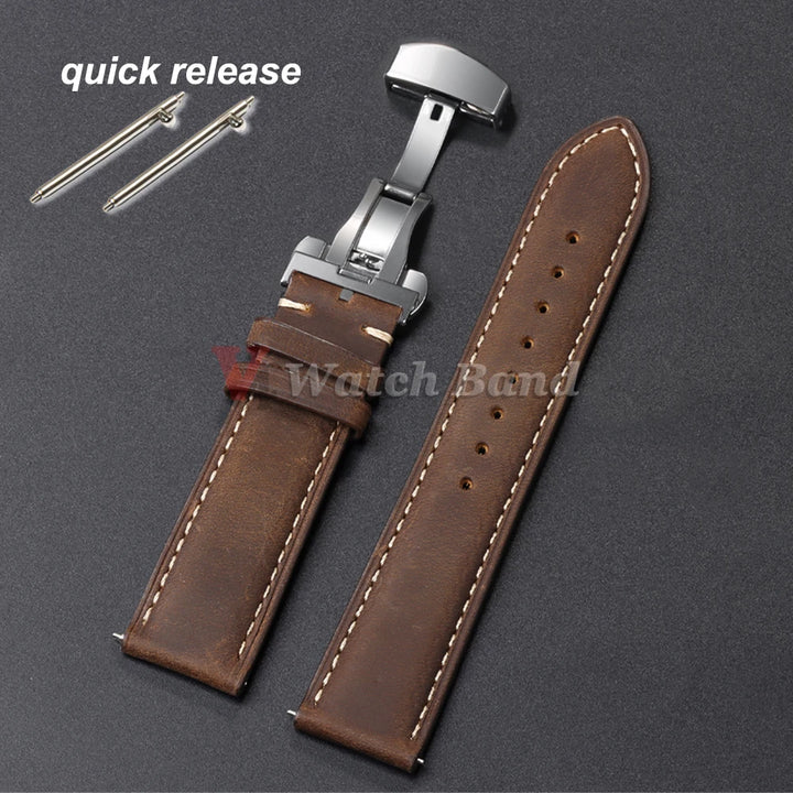 Genuine Calfskin Leather Watch Strap Brown (Butterfly Buckle, 18/20/22mm)