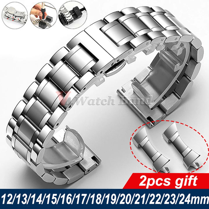 Curved End Stainless Steel Watch Strap – 12-24mm with Butterfly Clasp for Tissot