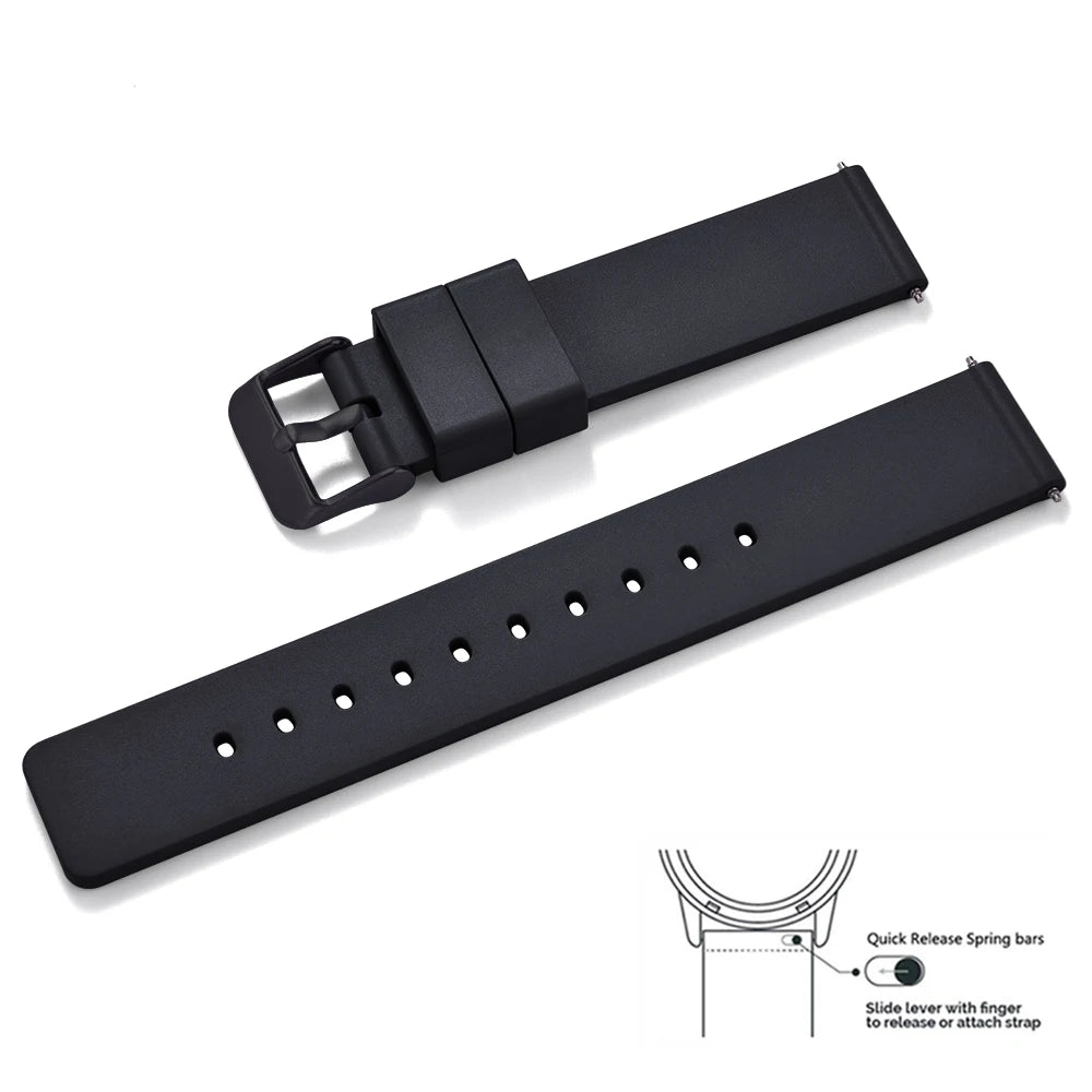Premium Grade Flat Smooth FKM Rubber Watch Strap 16mm 18mm 20mm 22mm 24mm Soft Quick Release Rubber Watch Bands