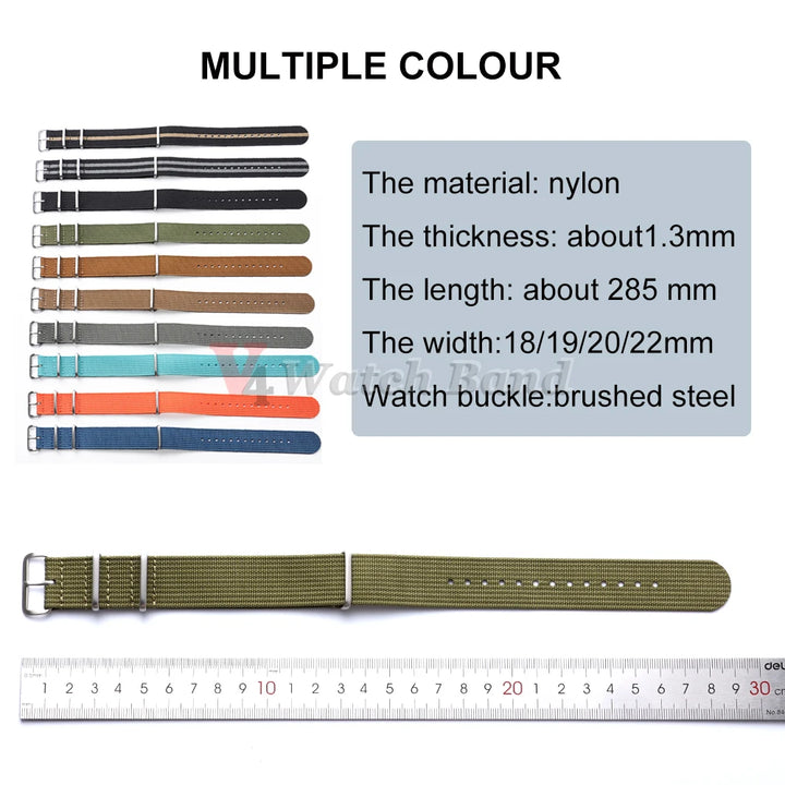 Ribbed Nylon Watch Band 18–22mm (Military Style)