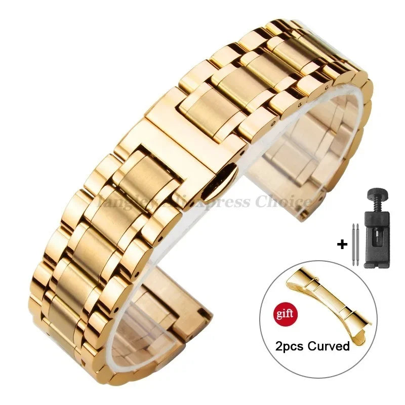 Curved-End Stainless Steel Watch Strap – 12–24mm, Butterfly Clasp