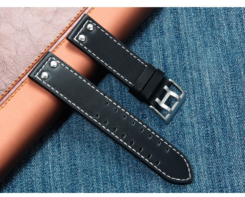 Double Row Hole Leather Watch Strap 20/22mm for Hamilton & Seiko