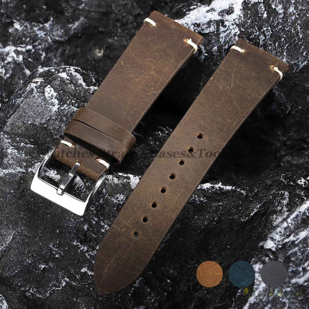 Oil Wax Leather Watch Strap – 18–22mm, Handmade Vintage Brown Cowhide for Omega