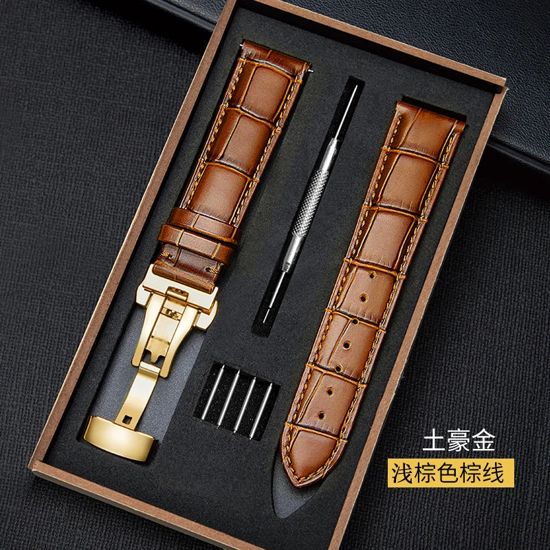 Genuine Leather Watch Band 18–24mm with Wooden Box & Butterfly Clasp