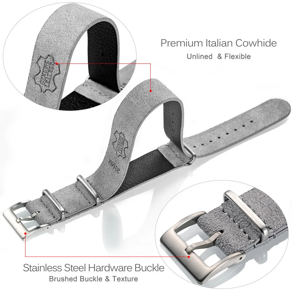 HEMSUT Genuine Leather Suede Watch Strap – 18–22mm Military Style