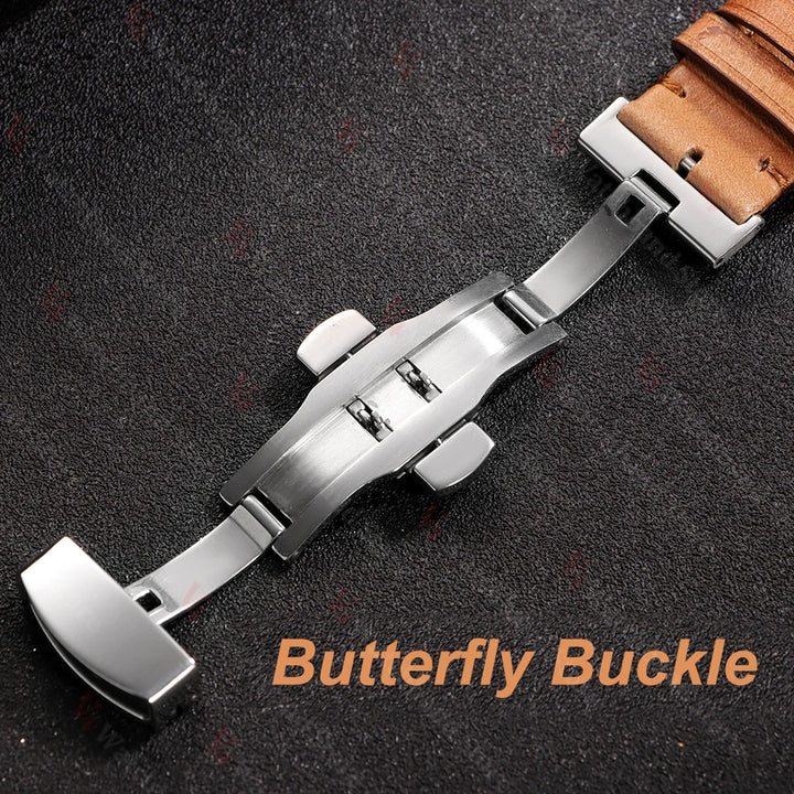 Genuine Cowhide Leather Watch Strap – 18/20/22mm, Vintage, Butterfly Buckle