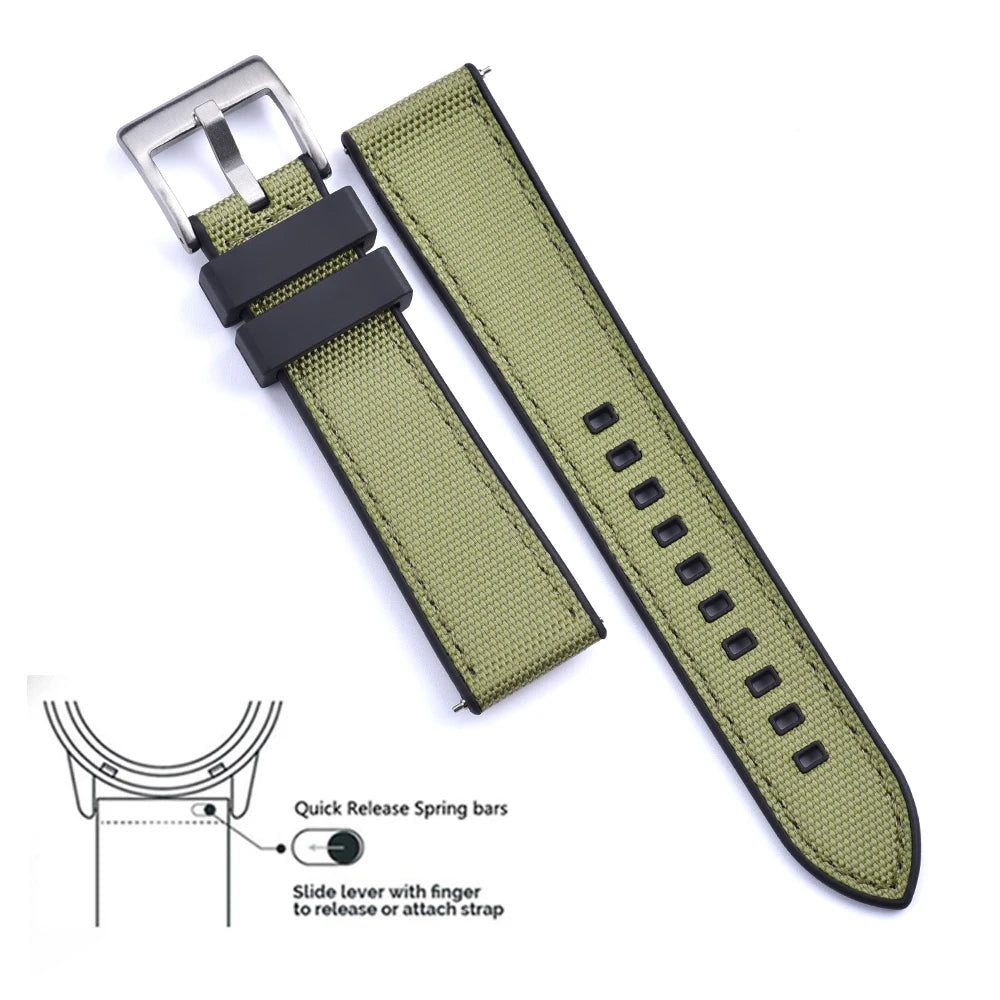 New Design Hybrid FKM Watch Strap 20mm 22mm Fluoro Rubber Canvas Nylon Watchbands Quick Release For Each Brand Diving Watches