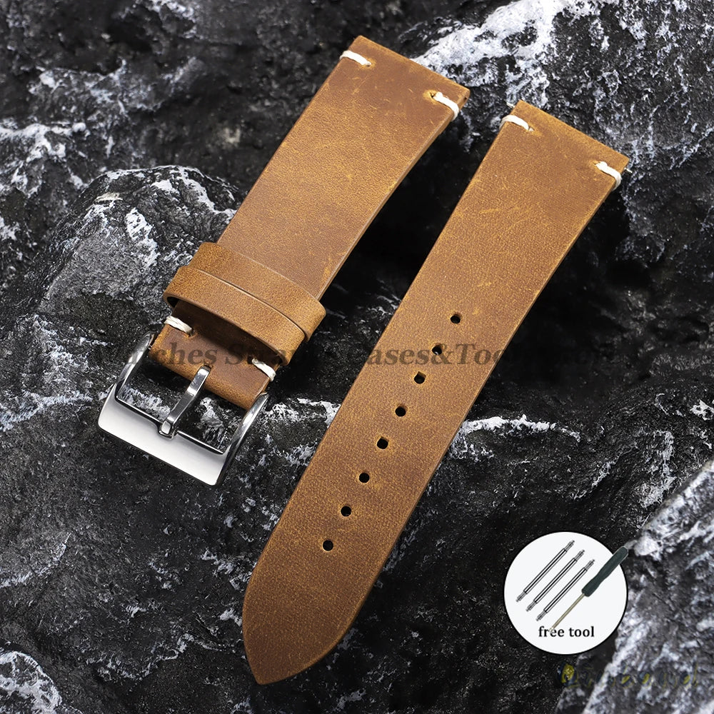 Oil Wax Leather Watch Strap – 18–22mm, Handmade Vintage Brown Cowhide for Omega