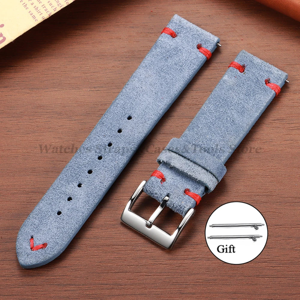 Suede Leather Vintage Watch Strap – 18/20/22mm, Blue Quick-Release