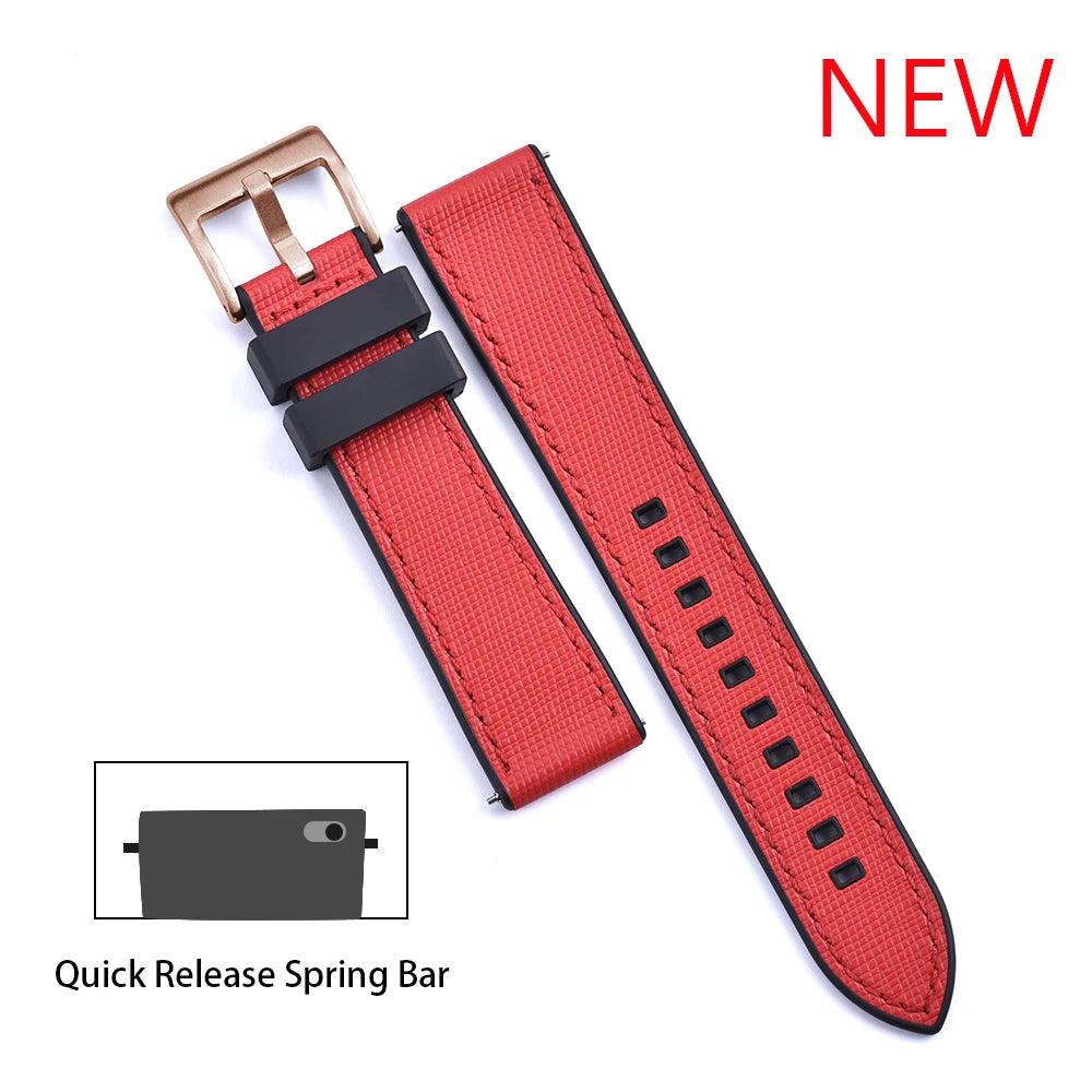 JUELONG New Design FKM Watch Strap 20mm 22mm Quick Release Hybrid Fluoro Rubber Saffiano Leather Watchbands