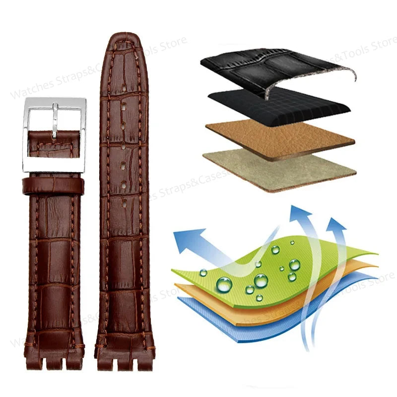 Genuine Leather Watchband for Swatch 17mm 19mm Strap Cowhide Bamboo Waterproof Metal Clasp Men Women Business Watch Accessories