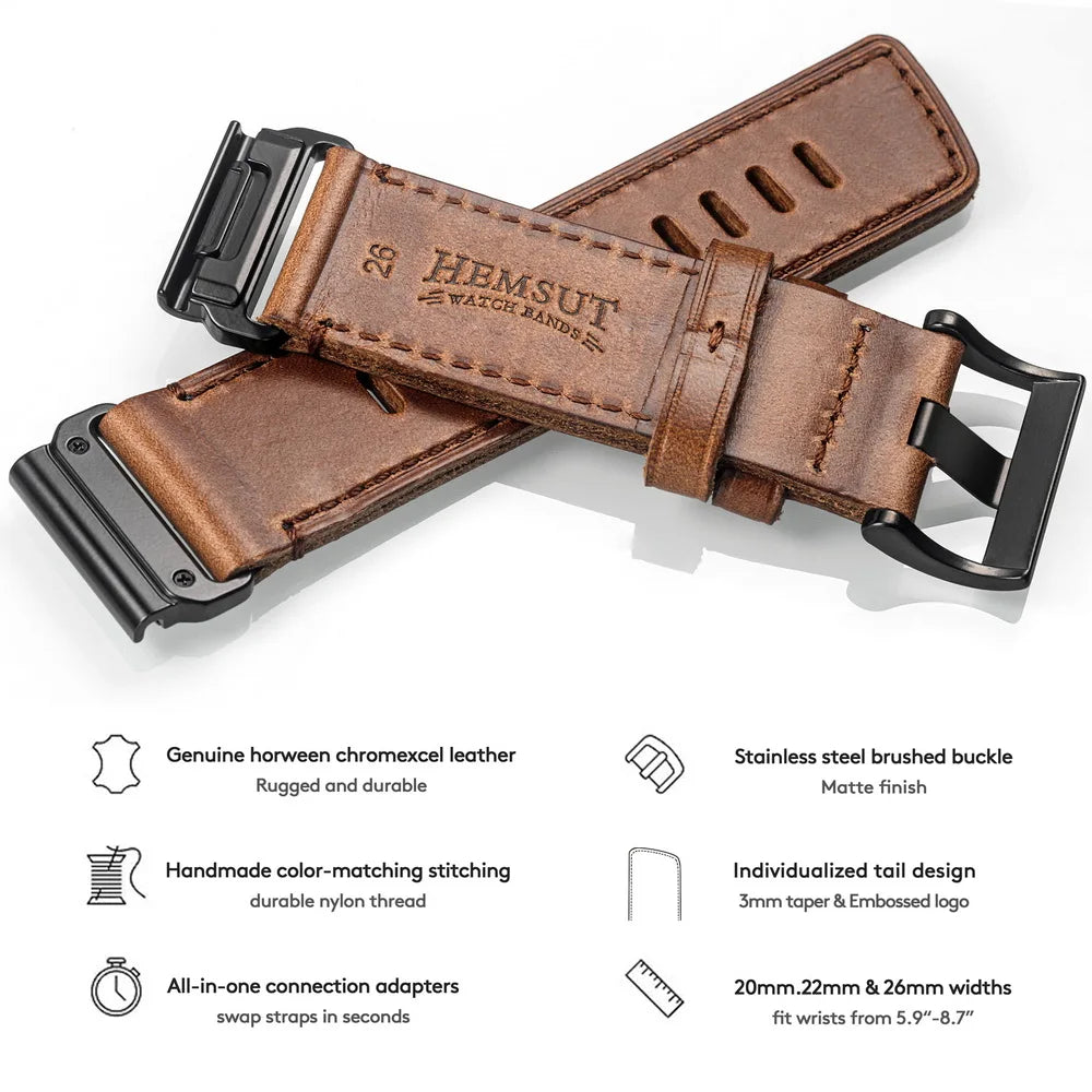 Horween Leather Straps For Garmin Fenix7 Quickfit 22 26mm Business Retro Watch Band Epix MARQ Quatic Tactix Forerunner