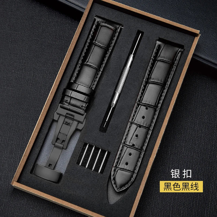 Genuine Leather Watch Band 18–24mm with Wooden Box & Butterfly Clasp