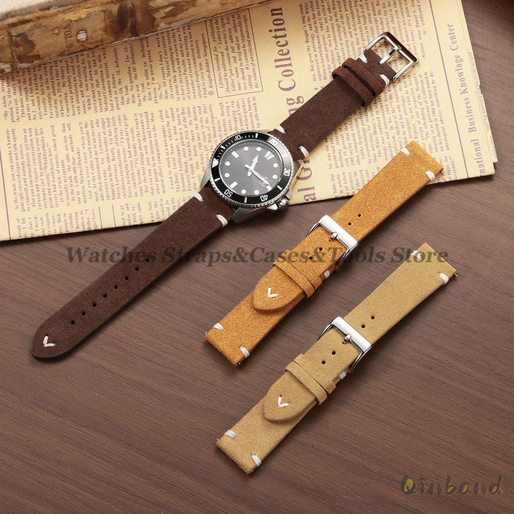Suede Leather Vintage Watch Strap – 18/20/22mm, Blue Quick-Release