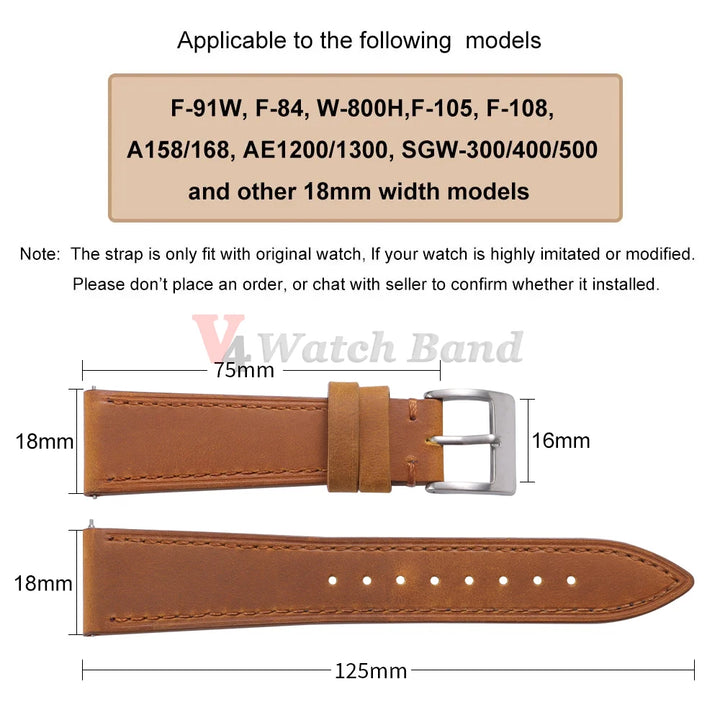Cowhide Genuine Watch Band 18mm for F91W Mod Kit for F-91W W-800H SGW400 F84 F105/108 A158/168 AE1200/1300 Wrist Strap Bracelets
