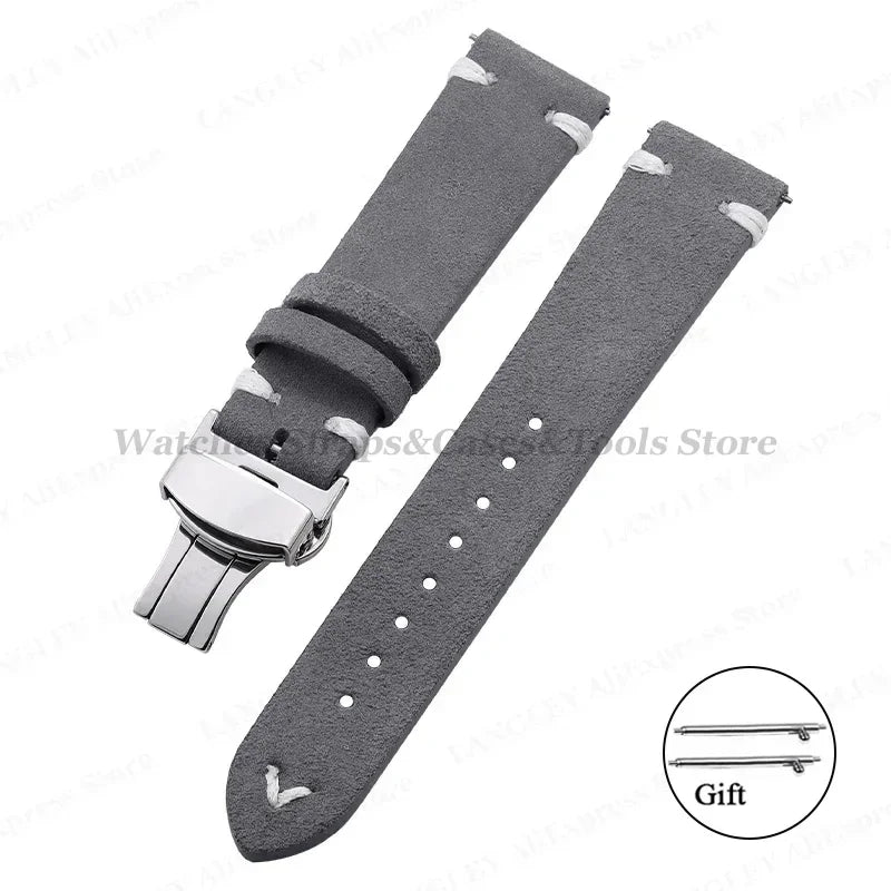 Suede Leather Watch Strap – 18/20/22mm, Universal with Butterfly Buckle