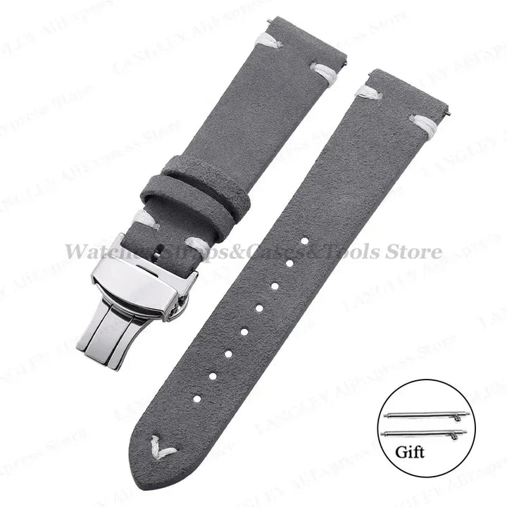 Suede Leather Watch Strap – 18/20/22mm, Universal with Butterfly Buckle