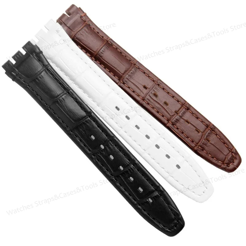 Genuine Leather Watchband for Swatch 17mm 19mm Strap Cowhide Bamboo Waterproof Metal Clasp Men Women Business Watch Accessories
