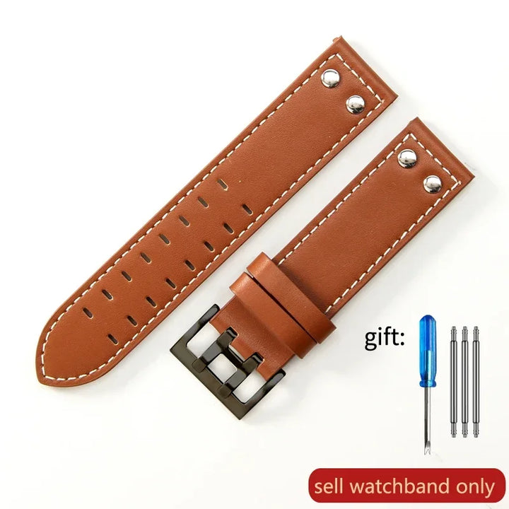 Double Row Hole Leather Watch Strap 20/22mm for Hamilton & Seiko