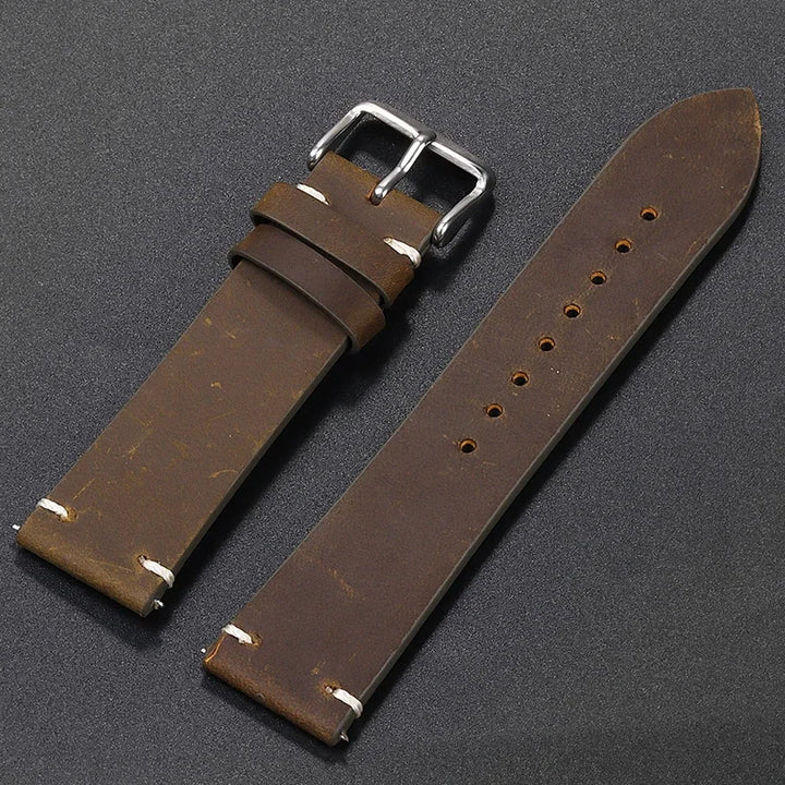 Stitching Cowhide Leather Watch Strap – 18–24mm, Vintage Brown, Butterfly Buckle