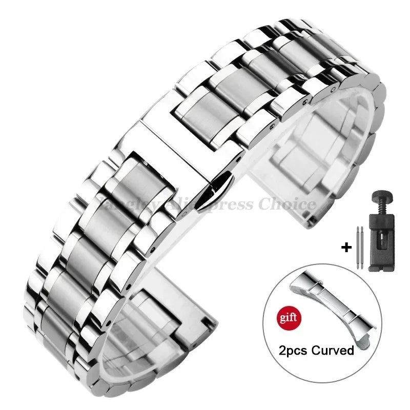 Curved-End Stainless Steel Watch Strap – 12–24mm, Butterfly Clasp