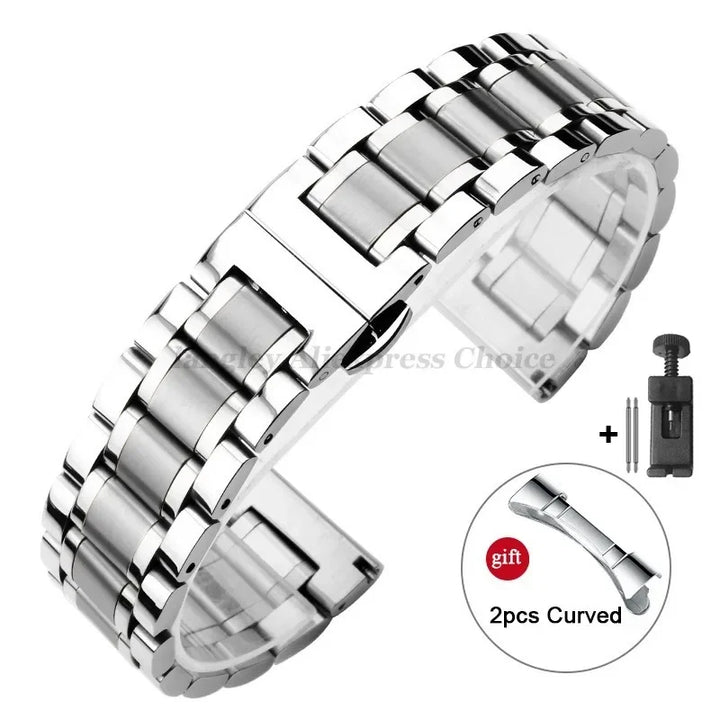 Curved-End Stainless Steel Watch Strap – 12–24mm, Butterfly Clasp