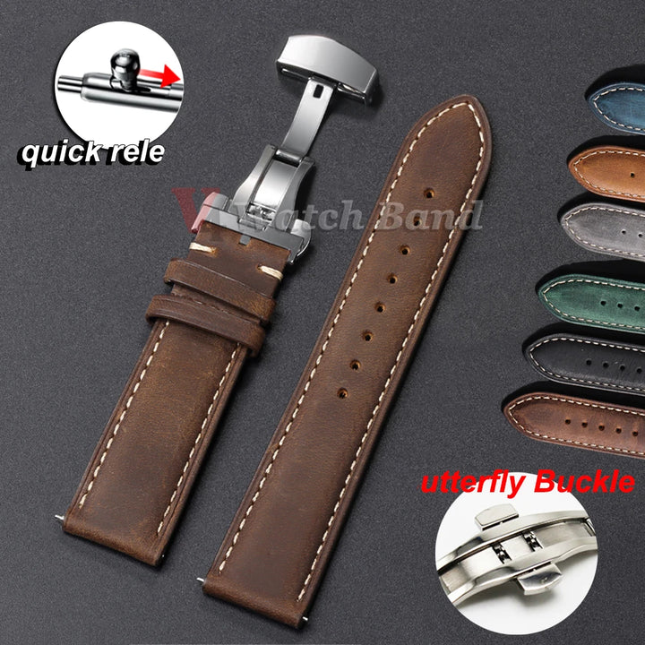 Genuine Calfskin Leather Watchband for Omega Business Watch Band for Seiko 22mm 20mm 18mm Butterfly Buckle Stitching Brown Strap