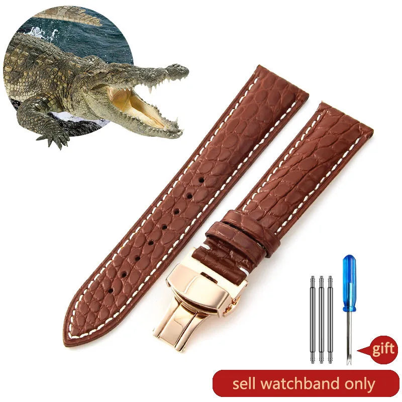 Crocodile Skin Genuine Leather Watch Band with Needle & Butterfly Buckle for