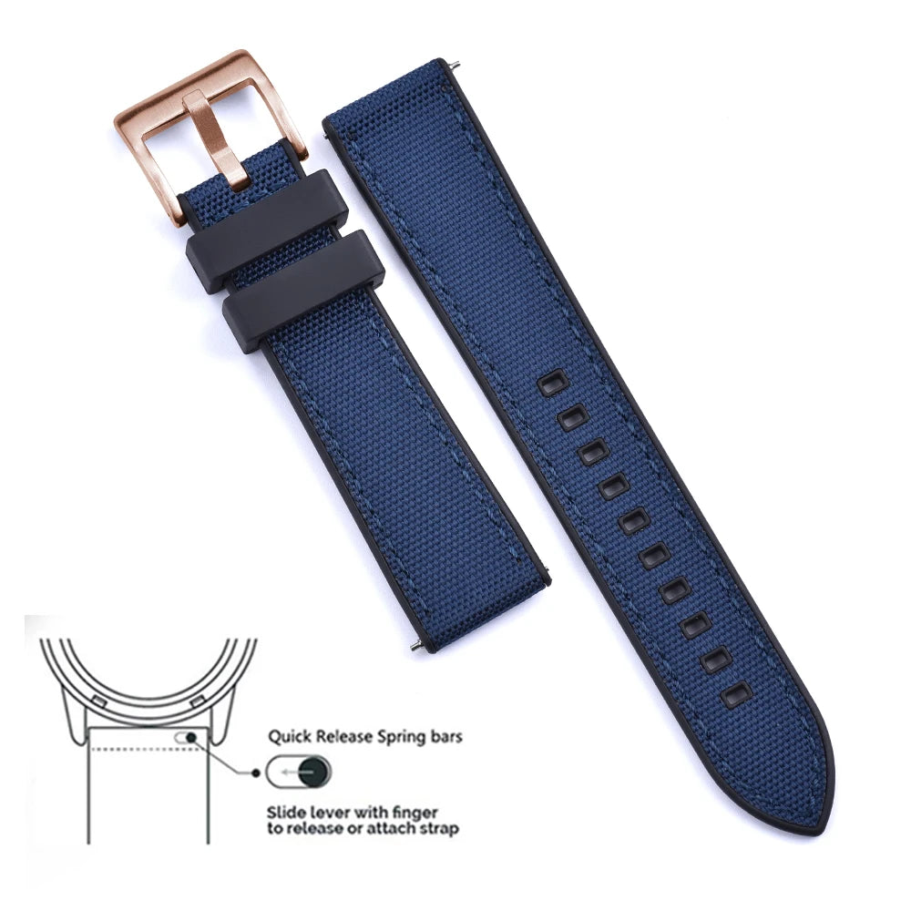 New Design Hybrid FKM Watch Strap 20mm 22mm Fluoro Rubber Canvas Nylon Watchbands Quick Release For Each Brand Diving Watches