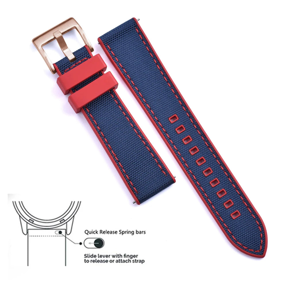 New Design Hybrid FKM Watch Strap 20mm 22mm Fluoro Rubber Canvas Nylon Watchbands Quick Release For Each Brand Diving Watches